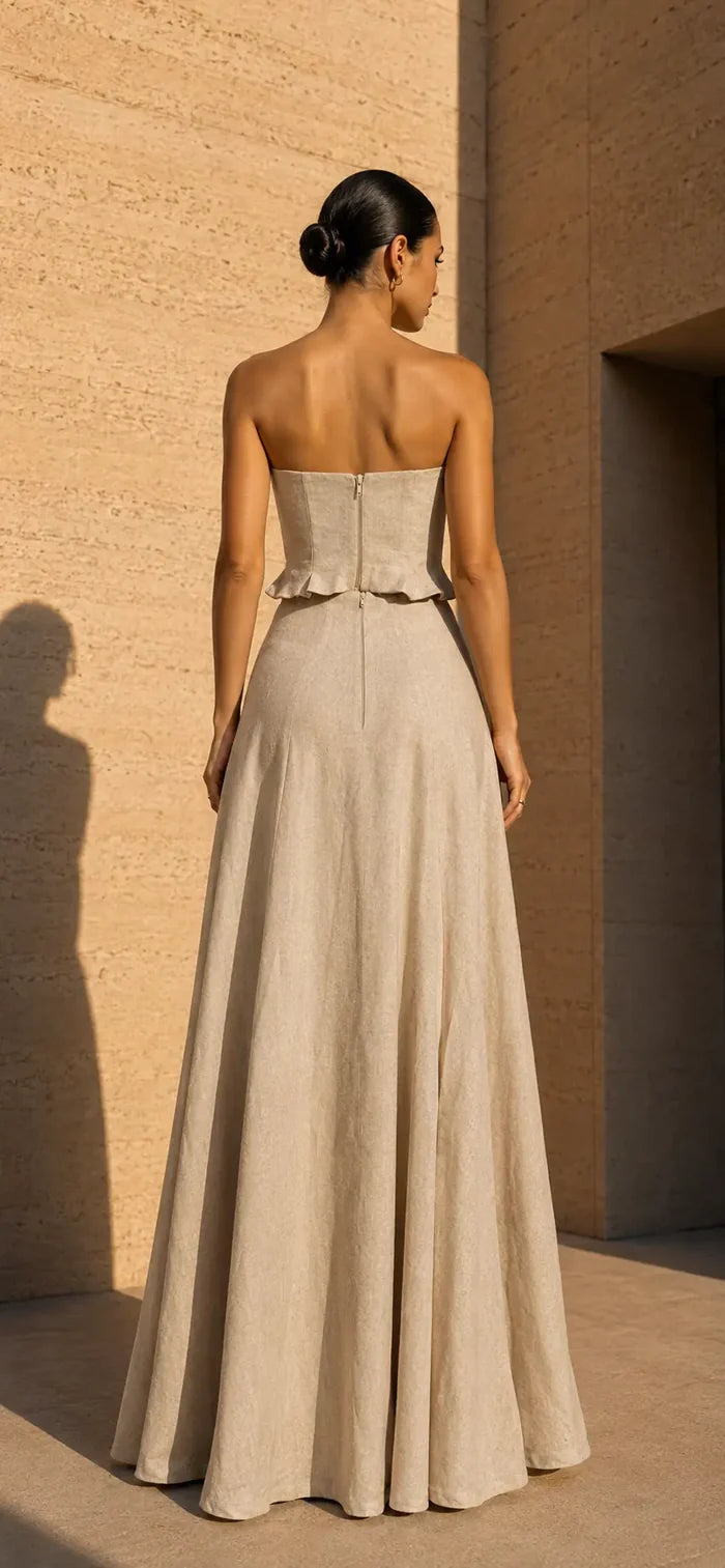 Conjunto maxi HERENCIA elegante de lino sin tirantes con flor en 3D