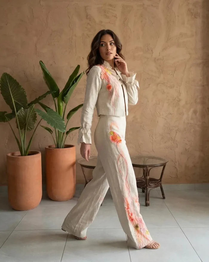 LINAJE - Conjunto de chaqueta y pantalón de lino bordado a mano