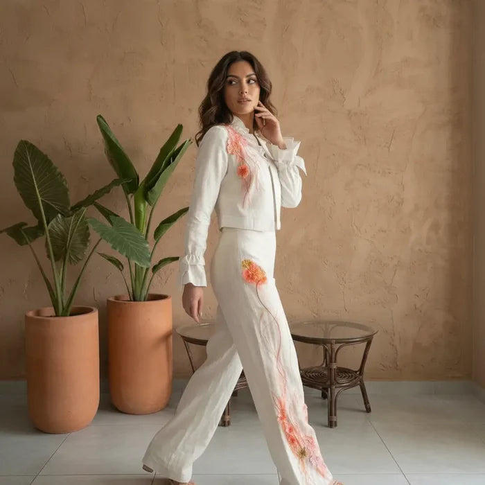 LINAJE - Conjunto de chaqueta y pantalón de lino bordado a mano