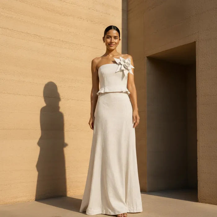 Conjunto maxi HERENCIA elegante de lino sin tirantes con flor en 3D