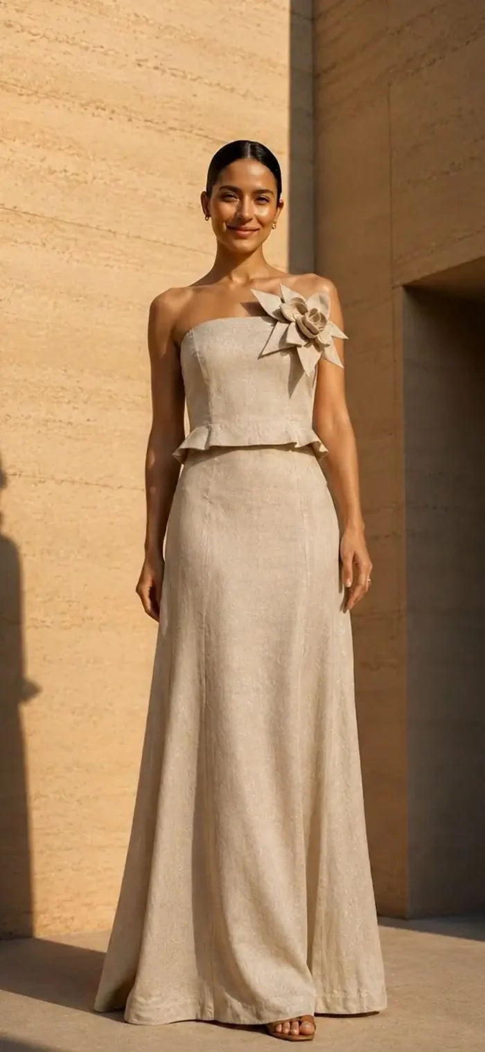 Conjunto maxi HERENCIA elegante de lino sin tirantes con flor en 3D