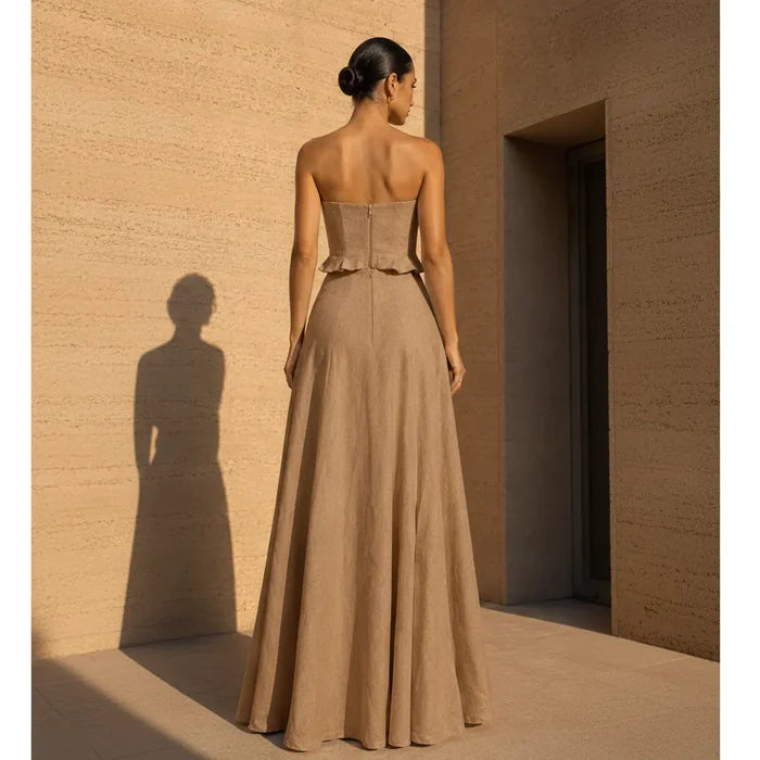 Conjunto maxi HERENCIA elegante de lino sin tirantes con flor en 3D